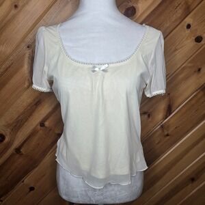 Brave Soul Ivory Short Sleeve Semi Sheer Romantic Coquette Top Size Medium Bow